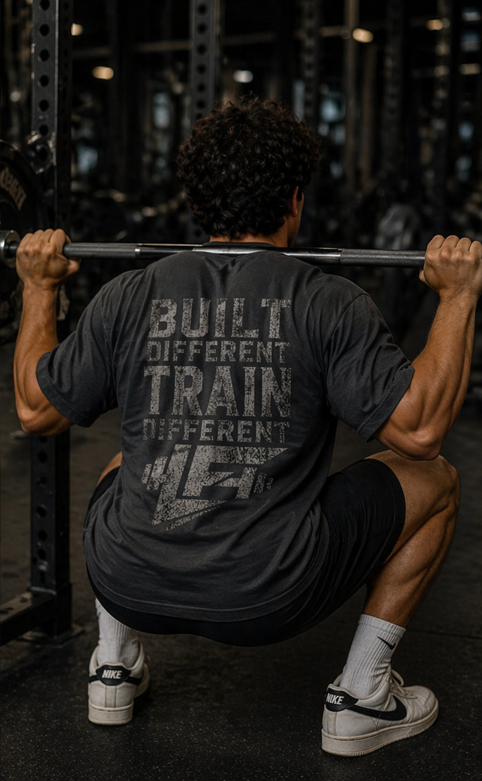 Built Different Train Different Acid Wash Gym Tee